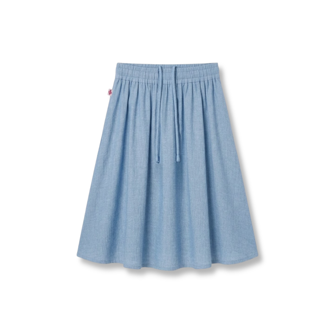 Gathered Skirt with Drawstring - Light Denim