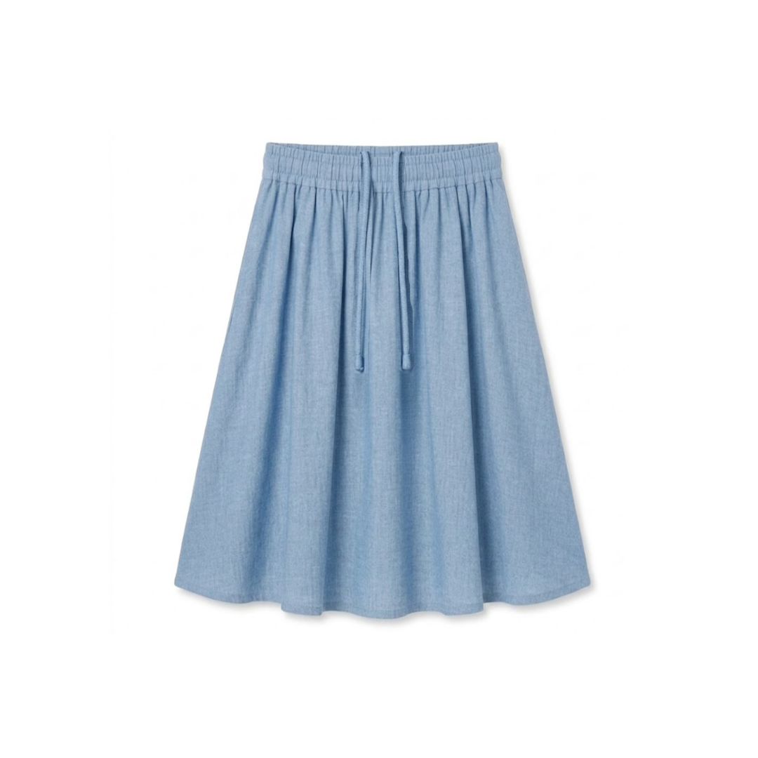 Gathered Skirt with Drawstring and Pockets - Light Denim