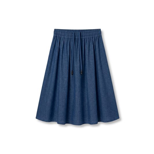 Gathered Skirt with Drawstring and Pockets - Dark Denim